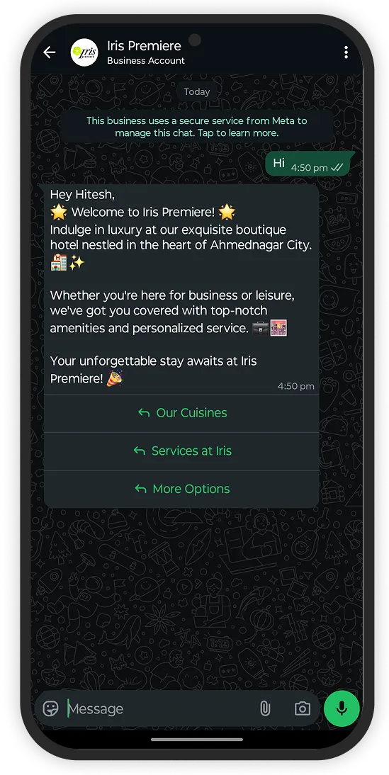 Hotel Iris Premier WhatsApp Chatbot Screenshot 3