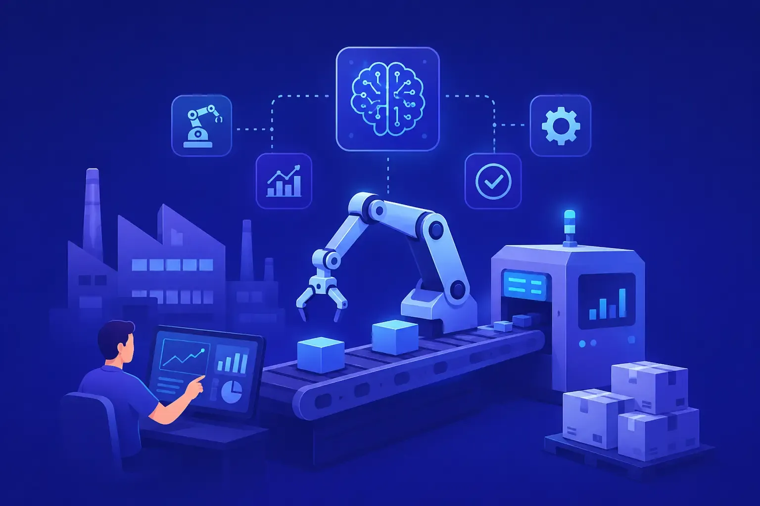 Factory production line diagram showing a vibration and temperature sensor, an AI camera unit for vision inspection, an edge processing and actuator unit, and a connected ERP database and analytics engine