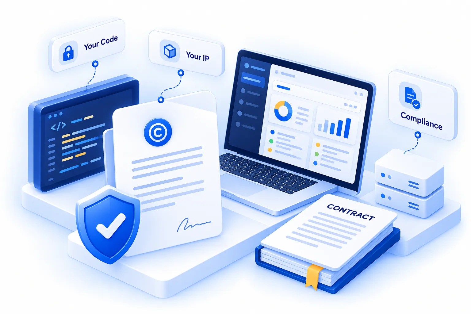 Illustration of code and IP ownership with a contract, shield and compliance documents.