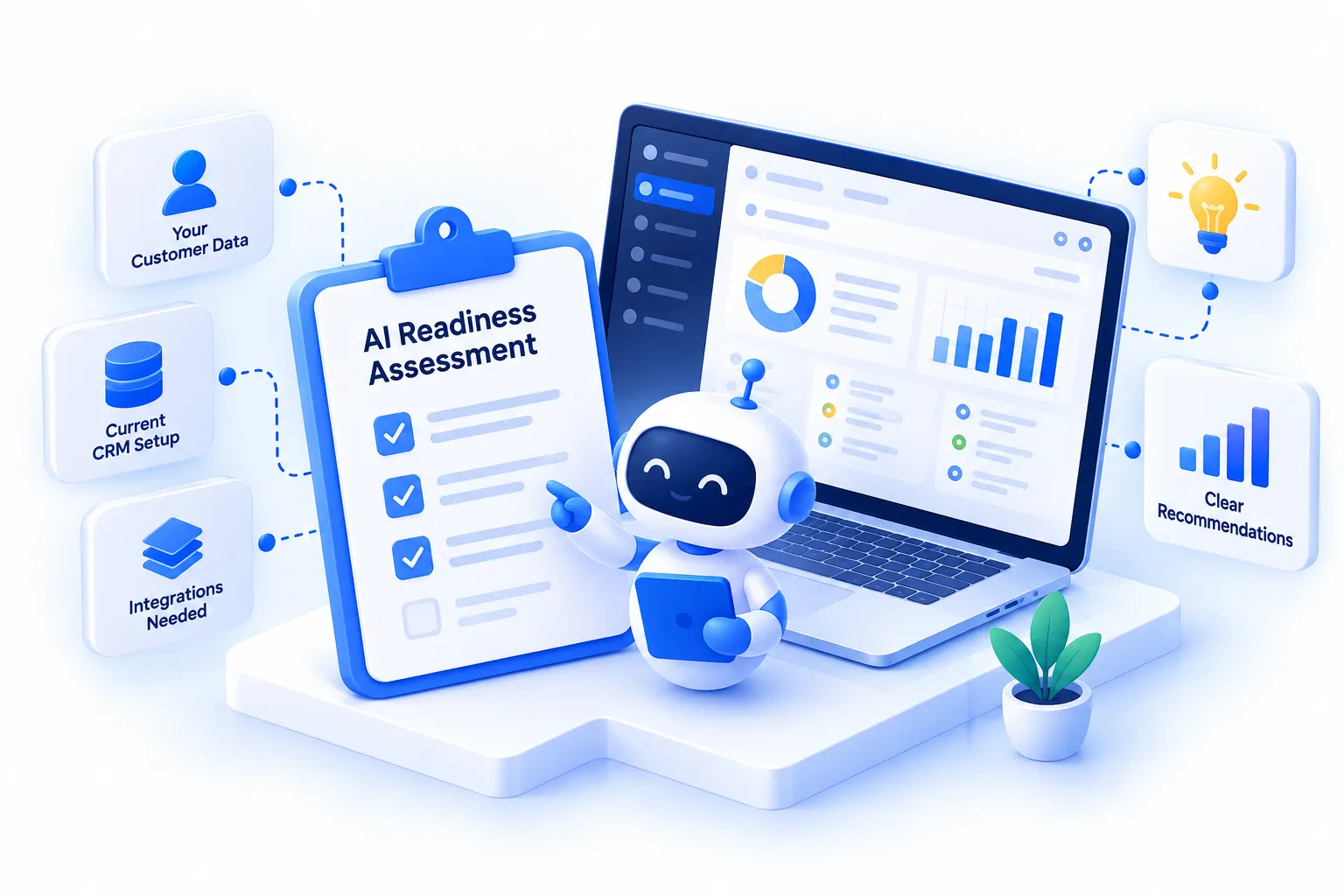 Illustration of a free AI Readiness Assessment checklist reviewing your customer data and CRM setup.