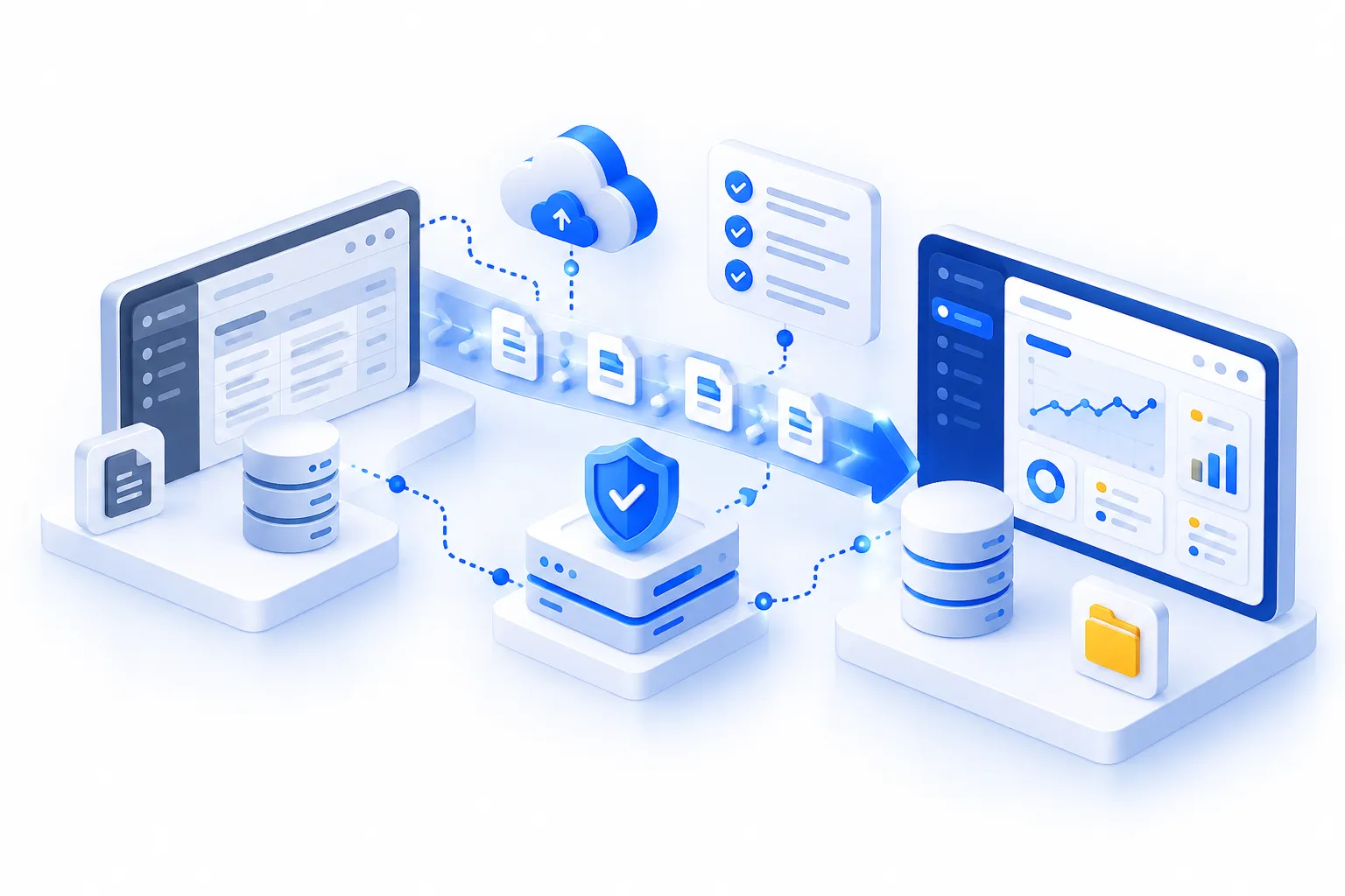 Illustration of data migrating between two systems, protected by a security shield.