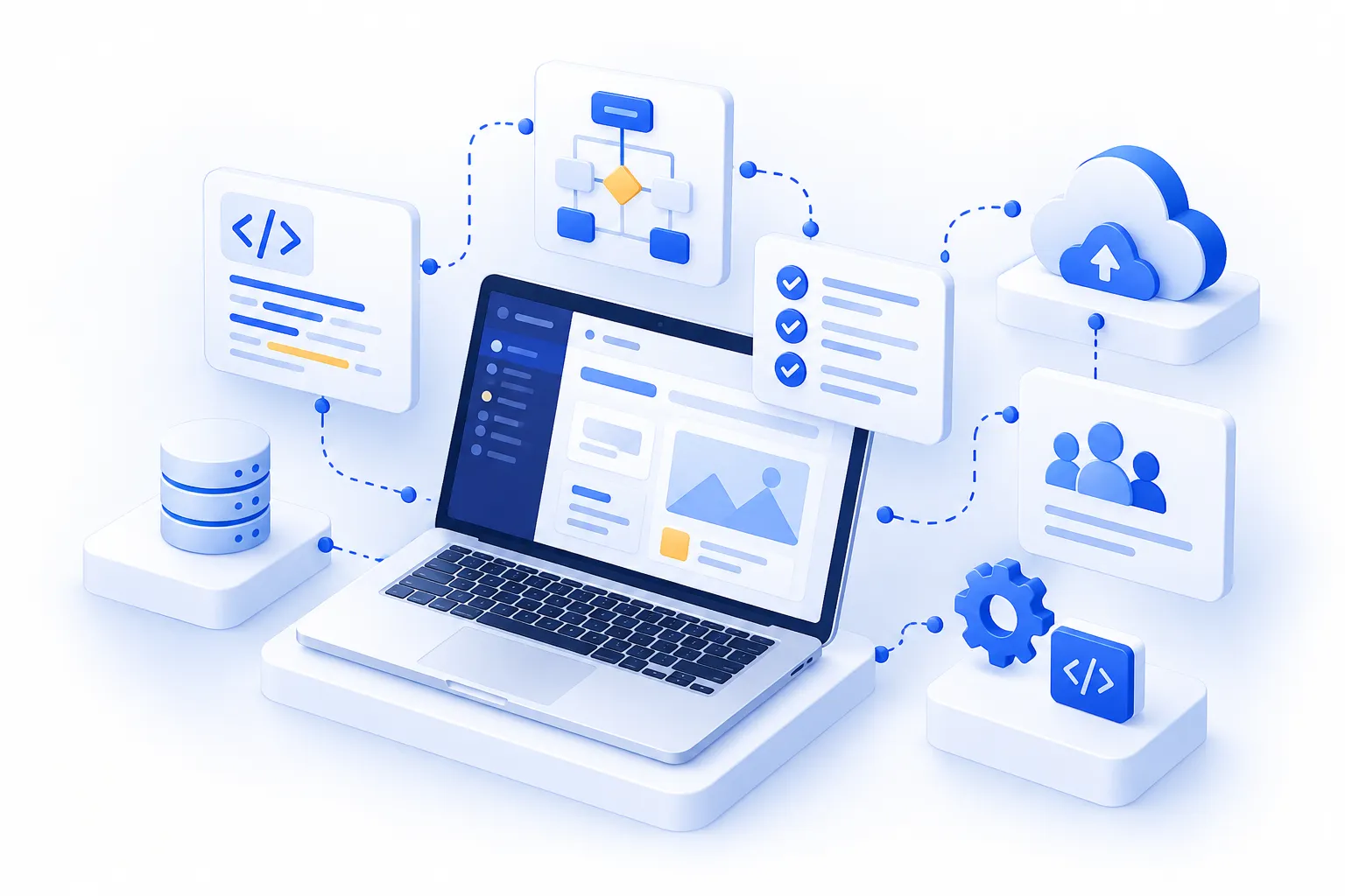 Isometric illustration of a custom software build with code, checklists and connected data.